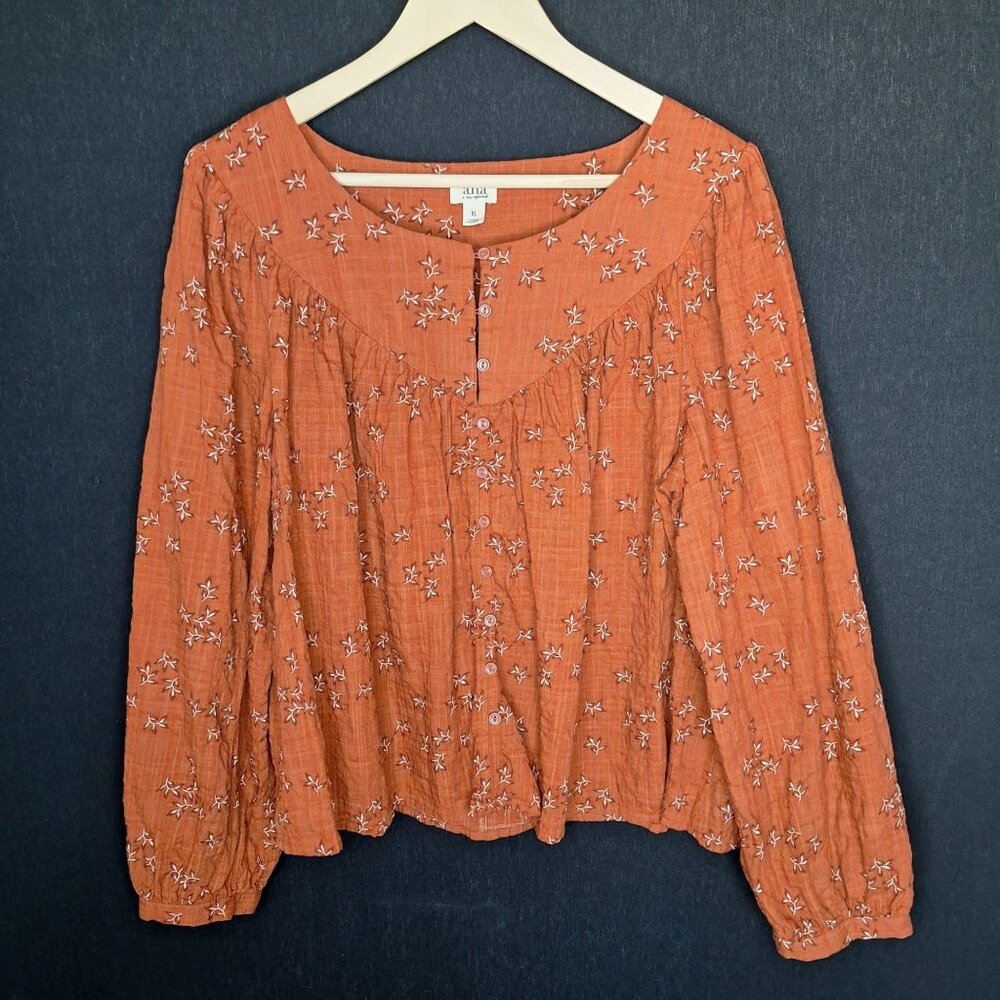 a.n.a Rust Orange Floral Button-Front Peasant Blouse